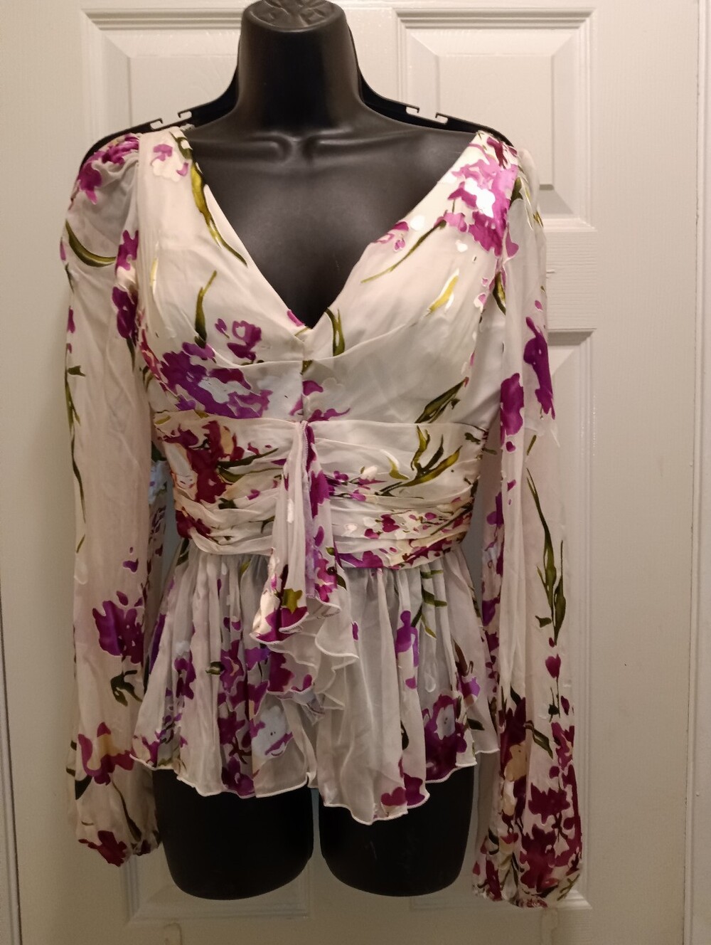 NWT Cache Luxe White Blouse with Purple Floral Wrap and Ruffle Peplum Price Firm